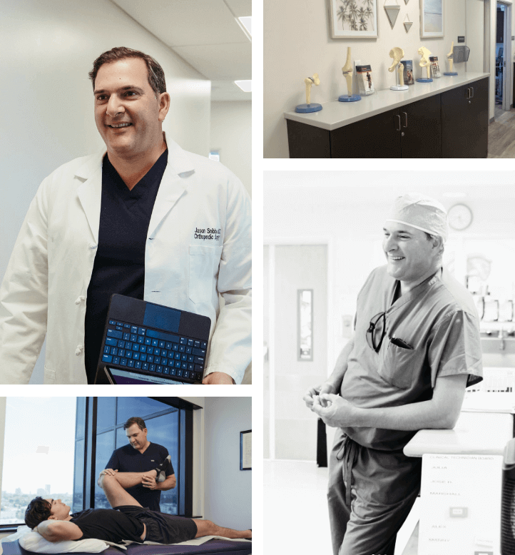 Top left, Dr. Snibbe walking. Top right, bones on display. Bottom left, Dr. Snibbe flexing a patient's leg at the knee. Bottom right, Dr. Snibbe in scrubs.